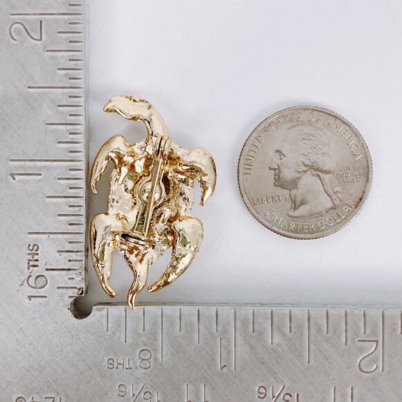 Vintage Gold Tone Turtle Brooch Rhinestone Shell Red Eye Pin 1960s Sparkling - Picture 9 of 9